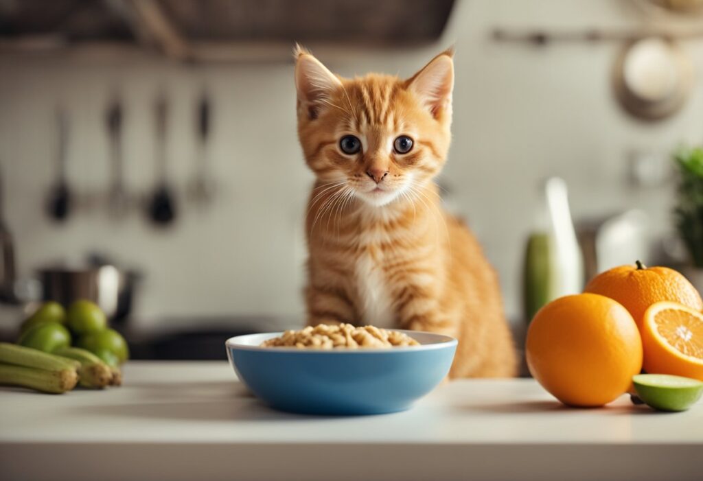 kitten with food in front of it