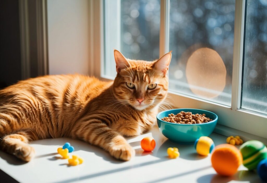 orange tabby by the window sitting next to its food